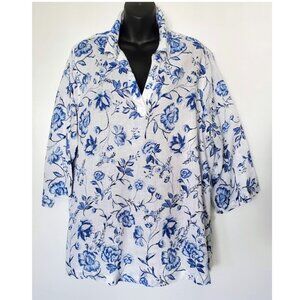 Cynthia Rowley Linen White Tunic Blue Floral V-Neckline 3/4 Sleeve Top Size 1X